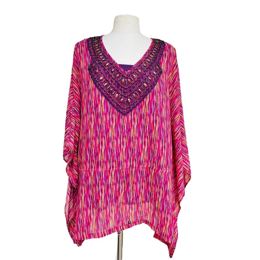 ADDED DIMENSIONS By CATHERINES Plus 2X Pink Flamenco Jewel V-neck Kaftan Top